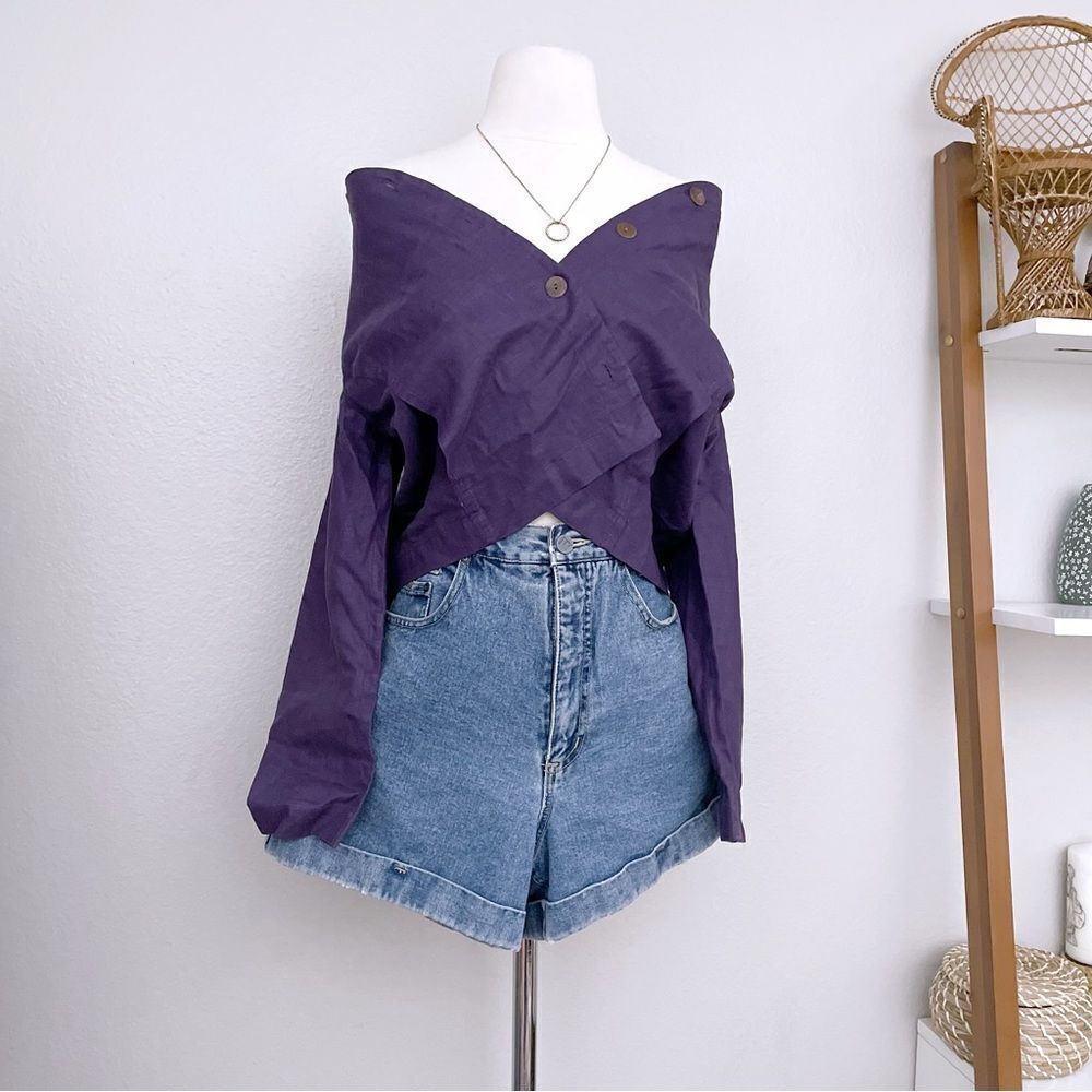 Purple Linen Button Front Vintage Top